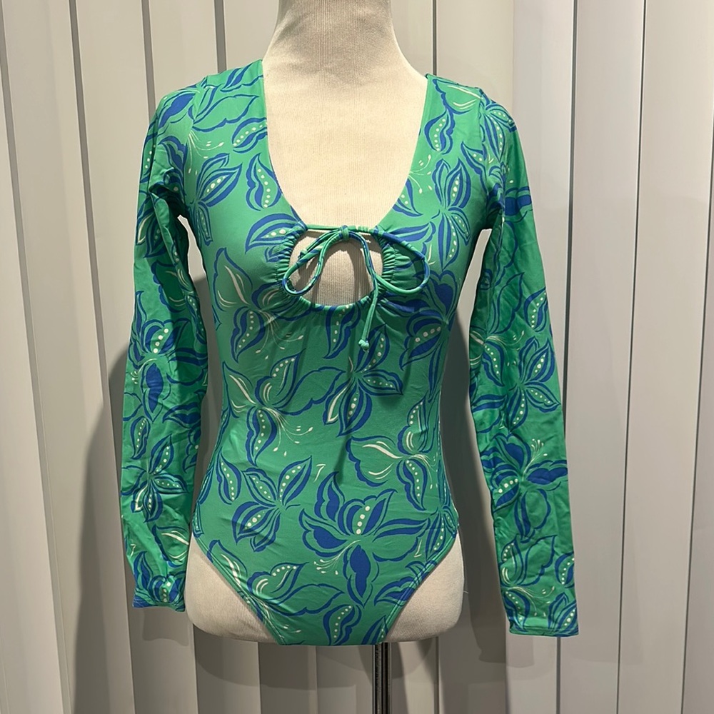 Floral Green and Blue Long Sleeve Surf Suit